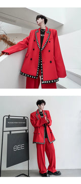 men streetwear fashion loose casual rivet hip hop party dress 2 piece suits blazers jacket pant sets stage clothing costume unique default style 1547
