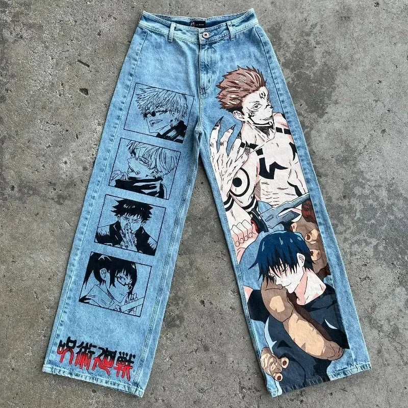 y2k baggy jeans harajuku print pattern streetwear fashion hip hop men women high waisted casual wide leg jeans anime clothes unique jeans style 4347
