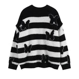 fashion striped sweaters women casual botton open sleeves butterfly knitted streetwear y2k warm furry o neck pullover knitwear - gothic aesthetic hoodie for winter, urban fashion pullover, oversized streetwear hoodie