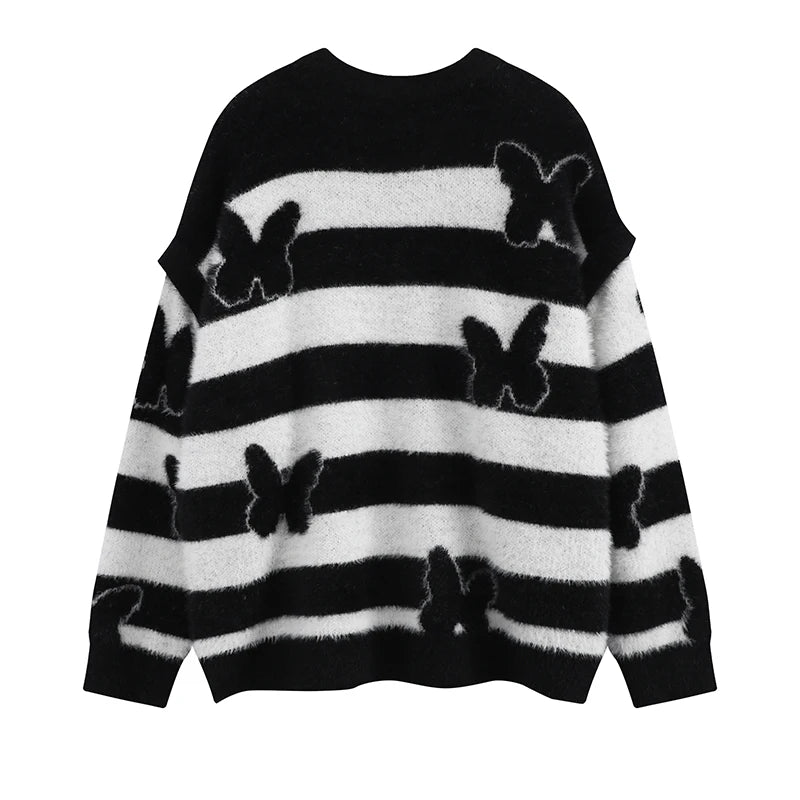 fashion striped sweaters women casual botton open sleeves butterfly knitted streetwear y2k warm furry o neck pullover knitwear - gothic aesthetic hoodie for winter, urban fashion pullover, oversized streetwear hoodie