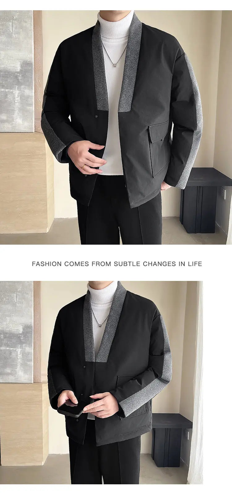 2024 Winter Collarless Cotton-padded Jacket Men Japanese Korean Fashion Loose Casual Thicken Warm Parkas Jacket Cityboy Coat