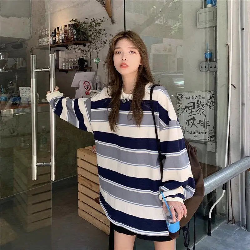 Harajuku Vintage print – Women T Shirts Striped Sweatshirt Thin Tops 2024 Spring Wome