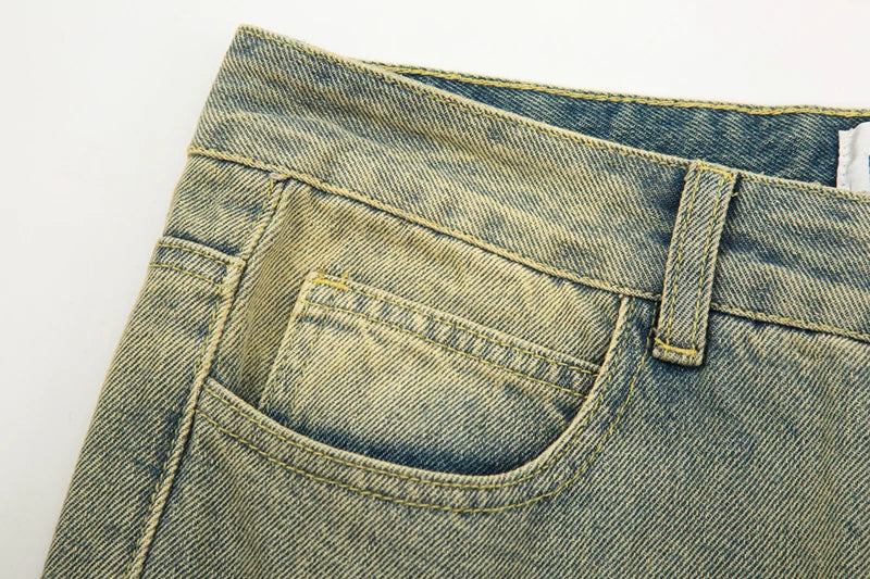 High Street Washed Hole Frayed Yellow Mud Jeans Men's Harajuku Retro Straight Pockets Solid Color Baggy Casual Denim Trousers