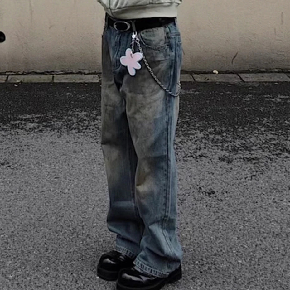 vintage blue dirty baggy jeans men hi street straight denim pants streetwear hip hop loose jeans trousers ripped baggy denim