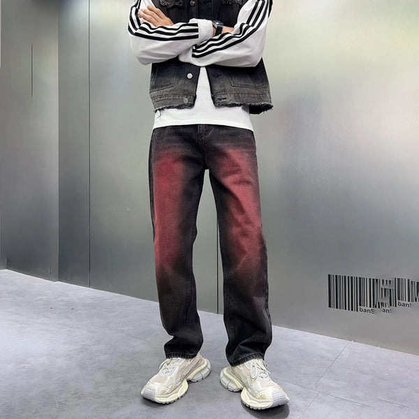 2024 spring autumn high street wide leg denim pants men render red loose straight jeans y2k fashion streetwear baggy trousers stacked flare jeans