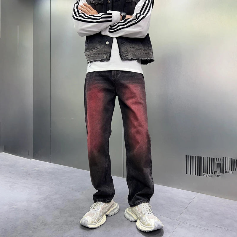 2024 spring autumn high street wide leg denim pants men render red loose straight jeans y2k fashion streetwear baggy trousers stacked flare jeans
