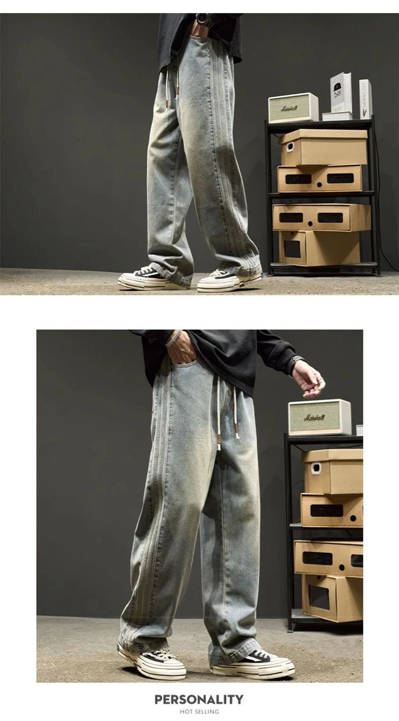 elastic waist baggy jeans for men side striped wide leg denim pants korean fashion casual trousers y2k vintage jean hombre unique jeans style 3245