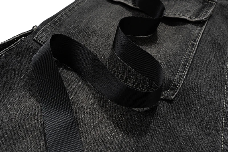ro style ribbons wide leg multi pockets smoke grey baggy jeans for men straight pantalones hombre drawstring denim trousers unique jeans style 1212