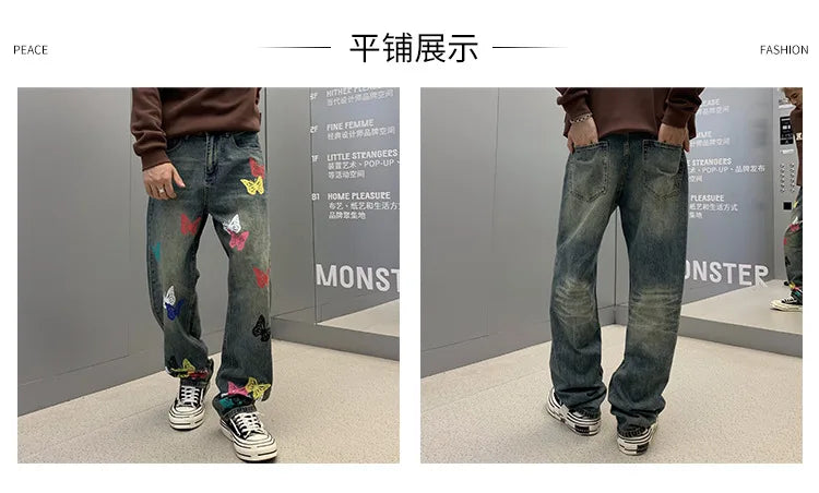 butterfly print jeans men streetwear fashion vibe loose casual hiphop straight washed denim pant jeans cityboy teen trousers unique jeans style 2678
