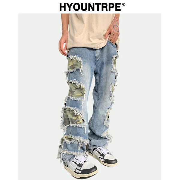side destroyed ripped holes denim jeans pants mens casual patchwork camouflage loose straight joggers hip hop streetwear jeans casual joggers