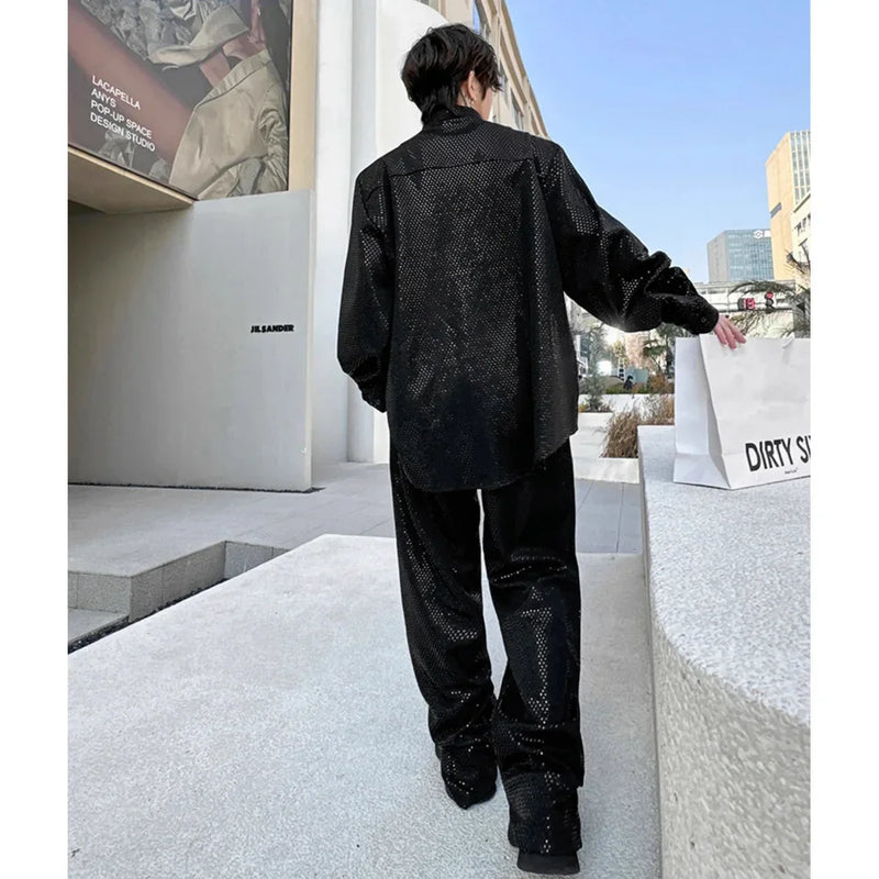 mens sequin 2 piece sets loose casual long sleeve shirt pant stage fashion party show clothing dress shirts trousers costumes relaxed fit trousers
