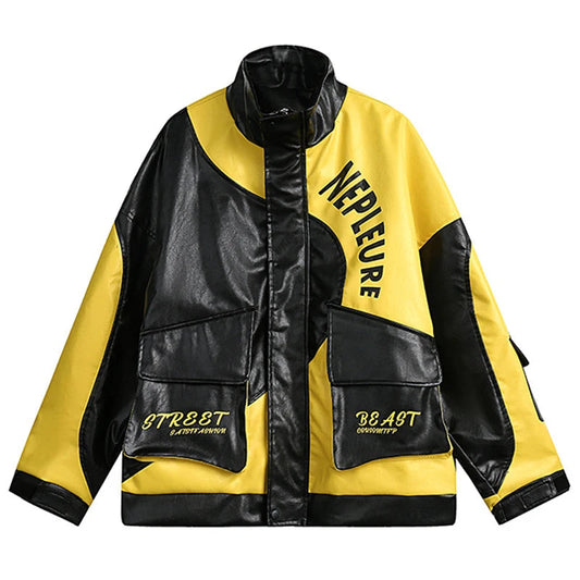 graphic outerwear featuring fashion varsity jacket men pu leather patchwork jackets 2023 new harajuku streetwear hip hop oversized couple coat black design – premium quality jacket for men