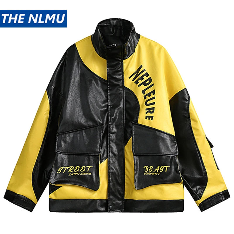 graphic outerwear featuring fashion varsity jacket men pu leather patchwork jackets 2023 new harajuku streetwear hip hop oversized couple coat black design – premium quality jacket for men