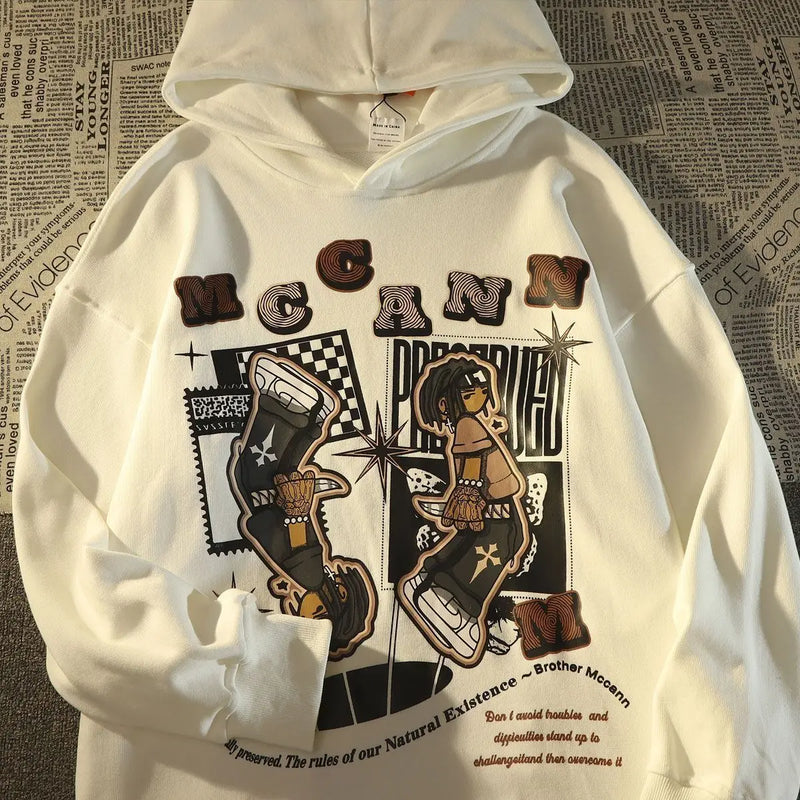 American Gothic fashion brand cartoon hip-hop print mens and womens loose high street style couple hooded wool sweatshirt