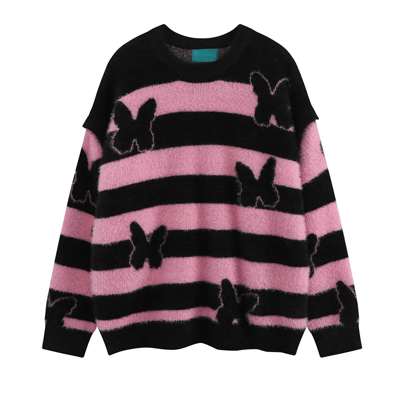 fashion striped sweaters women casual botton open sleeves butterfly knitted streetwear y2k warm furry o neck pullover knitwear - Y2K grunge street style, unisex casual winter pullover, bold artwork streetwear hoodie