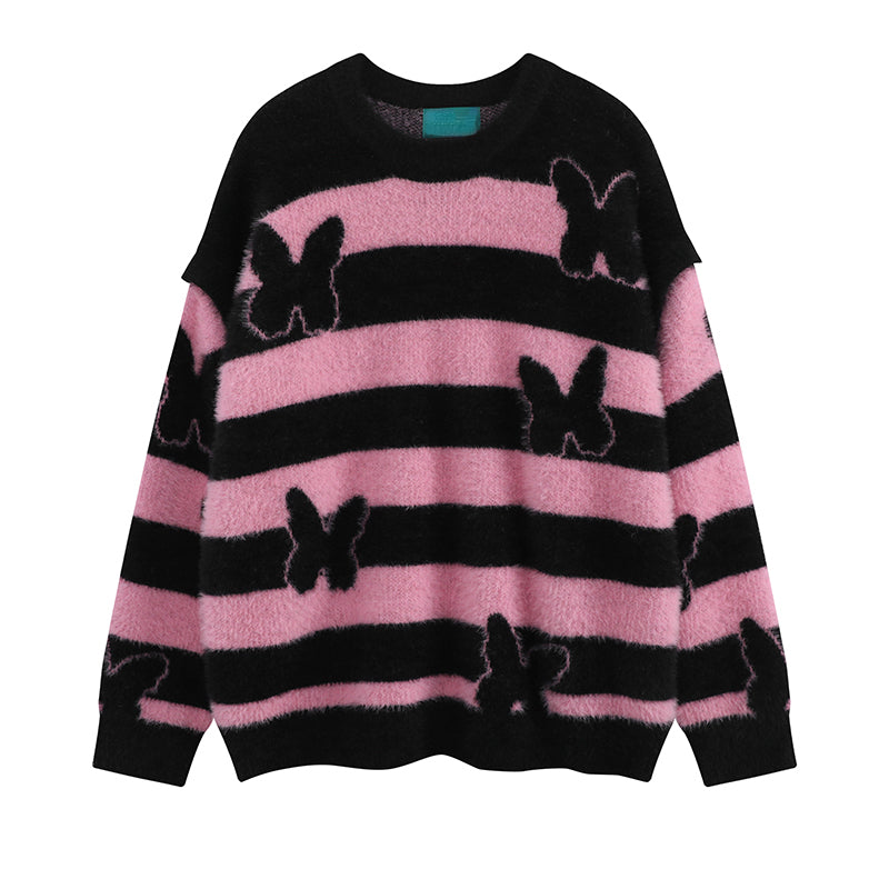 fashion striped sweaters women casual botton open sleeves butterfly knitted streetwear y2k warm furry o neck pullover knitwear - 2025 streetwear drop, vintage look oversized hoodie, unisex casual winter pullover