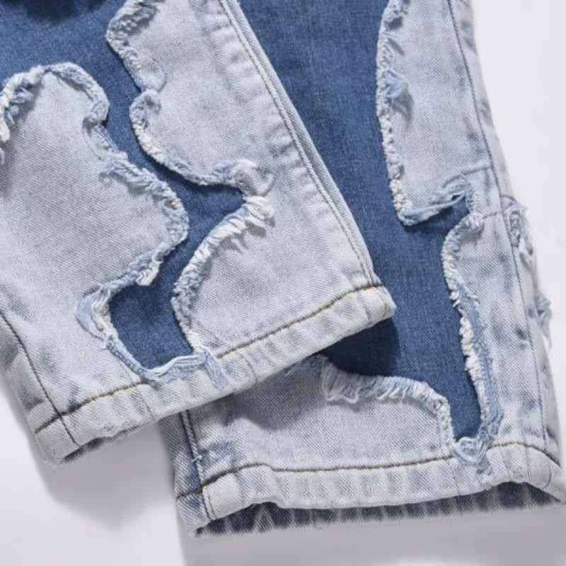 ripped irregular patchwork design denim jeans men casual zipper biker trousers jeans fashion streetwear hip hop pants joggers unique joggers style 3617