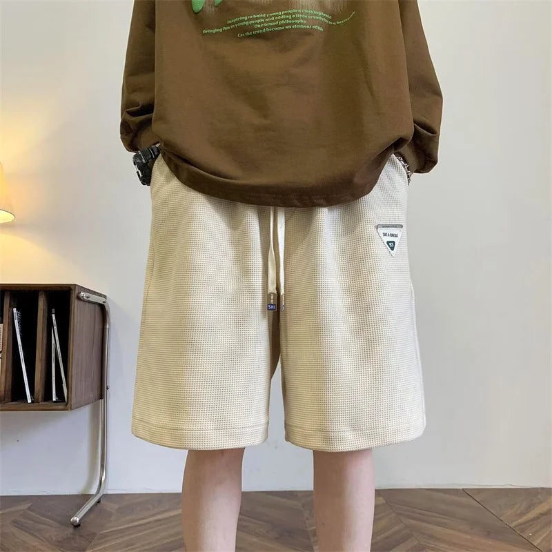 summer mens letter appliques waffle shorts baggy running wide leg casual short pants solid drawstring gym straight y2k shorts drawstring street shorts