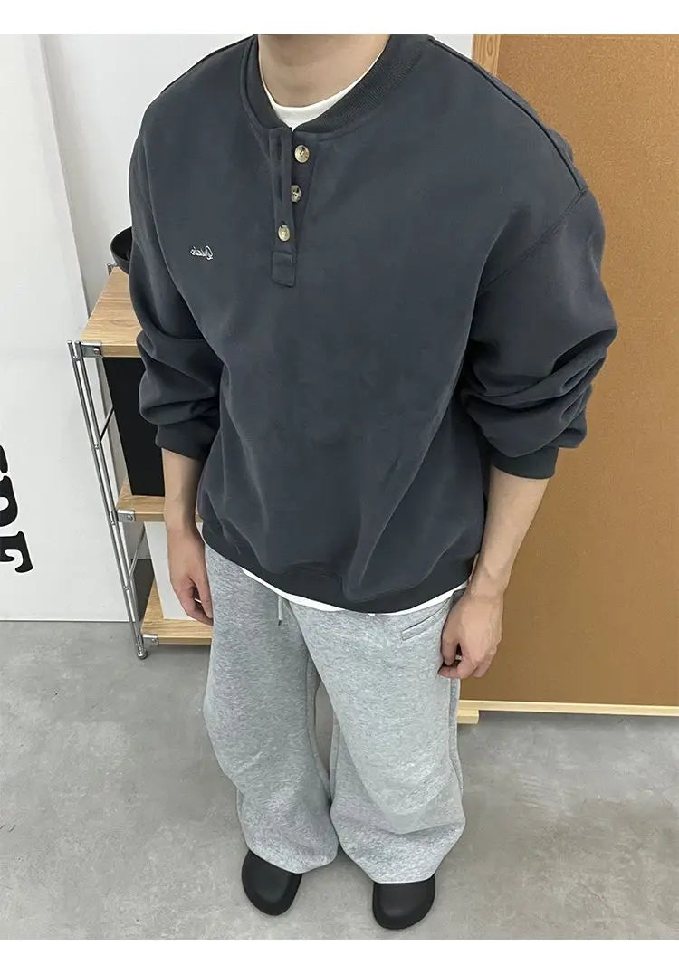 Trendy Korean Retro Ins Simple Boyish Henry Collar Sweatshirt Men and Women Street Niche Y2K Loose Casual Long-sleeved Top