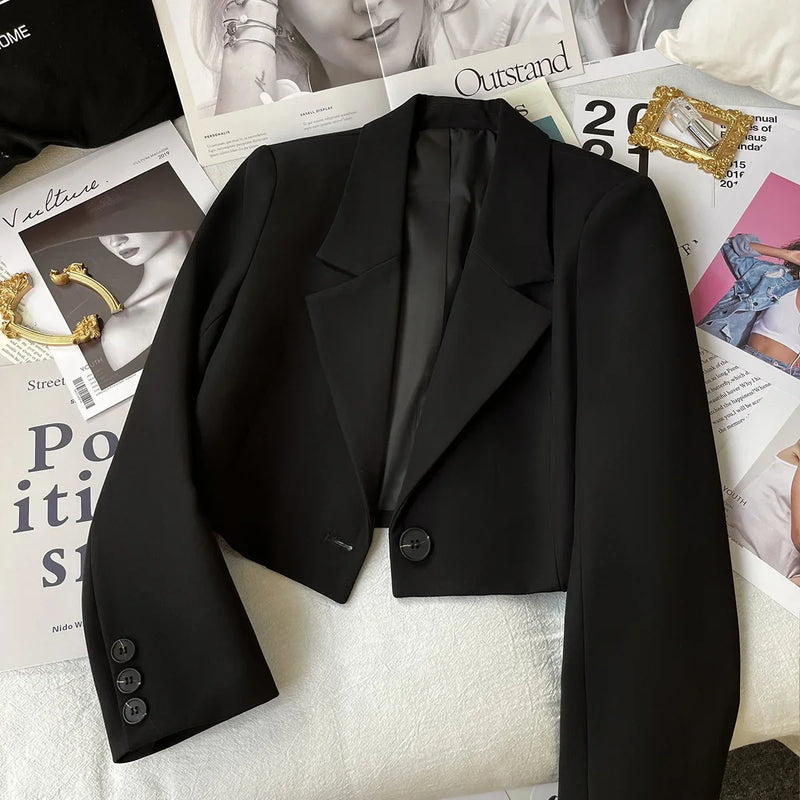 Black Short Blazer For Women Trendy 2024 Versatile Notch Collar Short