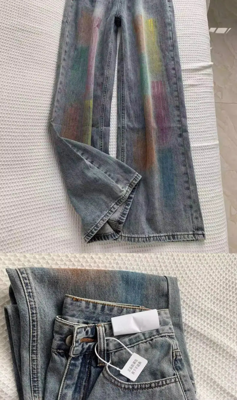 american retro personalized trend color gradient jeans for men and women new washed straight leg micro flared casual pants y2k unique jeans style 650