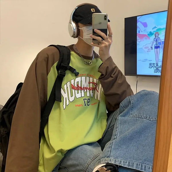 Sadcore Graphic tee – Long Sleeved T Shirt Men Spring New Style Avocado Green Ragl