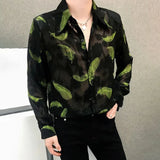 Mens Feather Embroidery Sexy Mesh Perspective Long-Sleeved Shirt Autumn Genderless Fashion Nightclub Hollow Thin Top Unisex