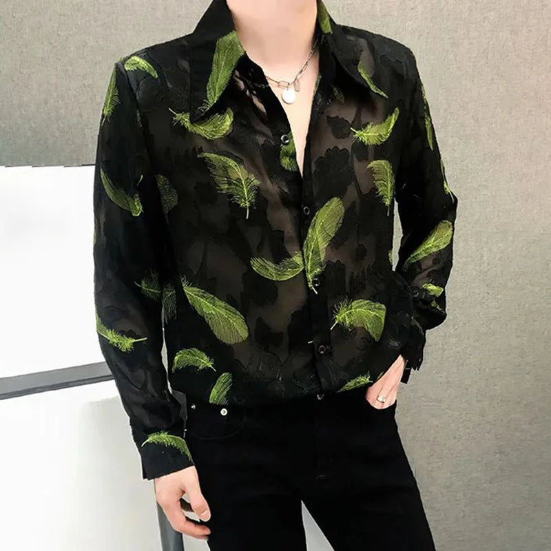 Mens Feather Embroidery Sexy Mesh Perspective Long-Sleeved Shirt Autumn Genderless Fashion Nightclub Hollow Thin Top Unisex