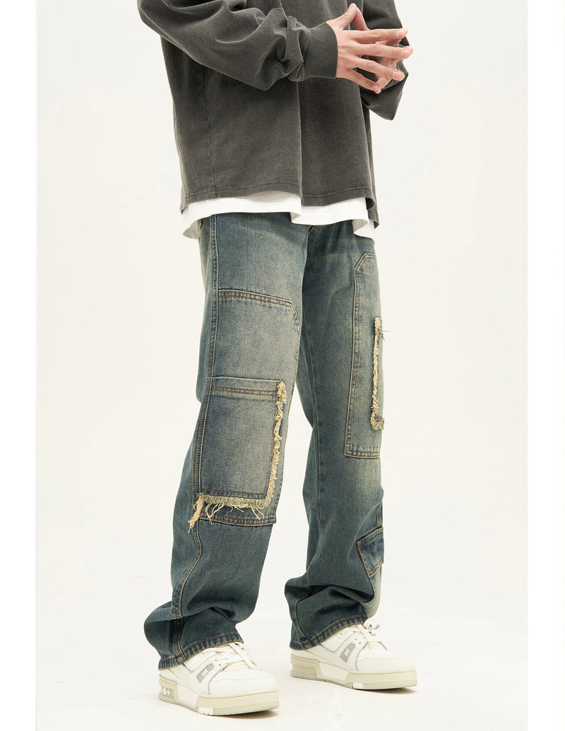 retro washed denim jeans destroyed ripped loose mens biker jeans side pocket fashion streetwear hip hop straight pants joggers unique joggers style 2208