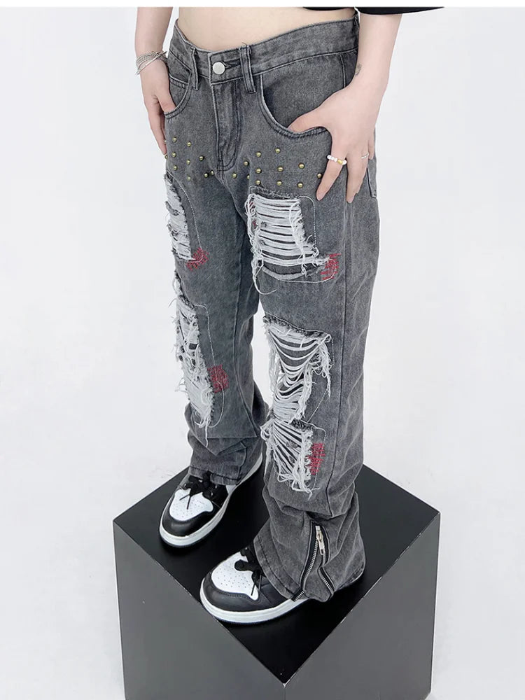 destroy ripped holes patchwork denim jeans men unisex casual rivet bottom zipper trousers jeans streetwear hip hop pants joggers urban active pants