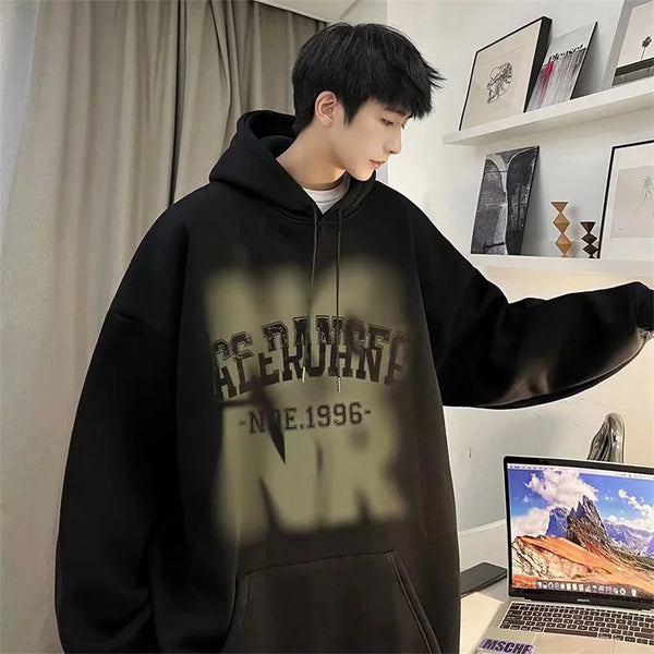 Mens Goth Letter Printed Hooded Sweatshirt American Style Vintage Tren