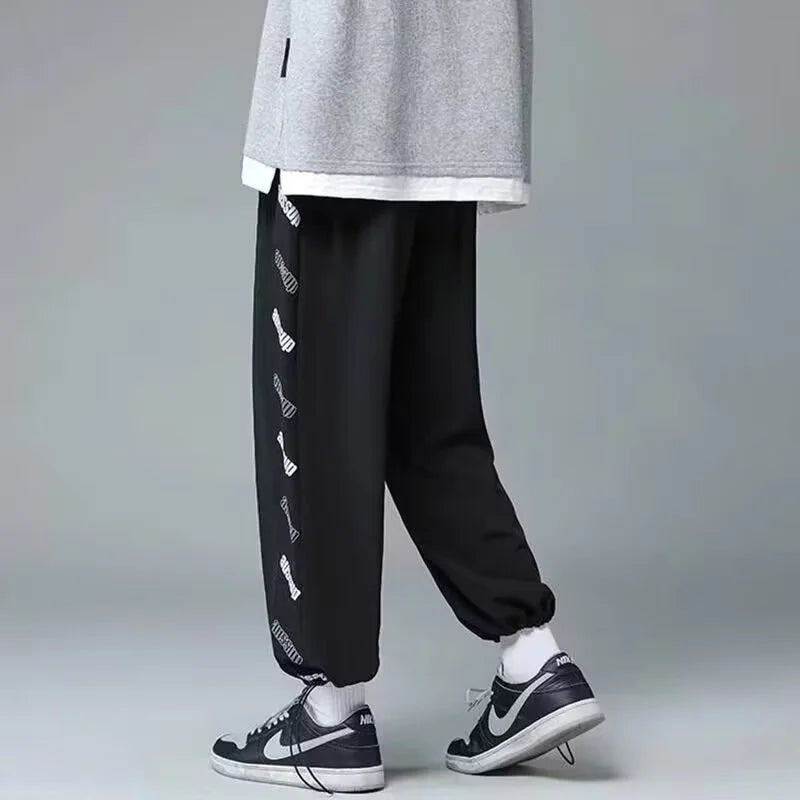 summer side letter printed straight pants mens drawstring sports joggers sweatpants y2k streetwear baggy casual trousers sporty tapered joggers