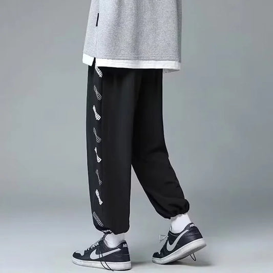 summer side letter printed straight pants mens drawstring sports joggers sweatpants y2k streetwear baggy casual trousers sporty tapered joggers
