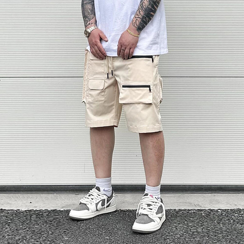 Retro Fashion Vibe Summer Cargo Shorts Functional Pockets Press Glue Zipper Straight Shorts Baggy Casual Split Knee-length