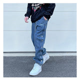 washed distressed denim sweatpant cashew flower patchwork oversized splice buckle jogging jeans casual button baggy men clothing unique joggers style 4362