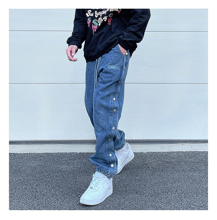 washed distressed denim sweatpant cashew flower patchwork oversized splice buckle jogging jeans casual button baggy men clothing unique joggers style 4362