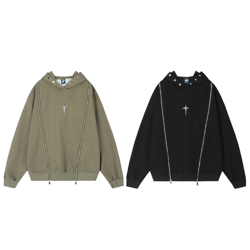 Hip Hop Punk Hoodie Sweatshirt 2023 Autumn Zipper Design Solid Color H