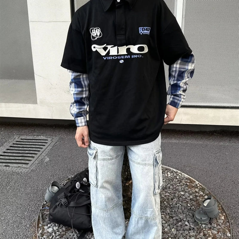 street japanese mens set embroidered fake two piece patchwork tops hip hop washed jeans 2 piece harajuku suits y2k streetwear urban skinny jeans