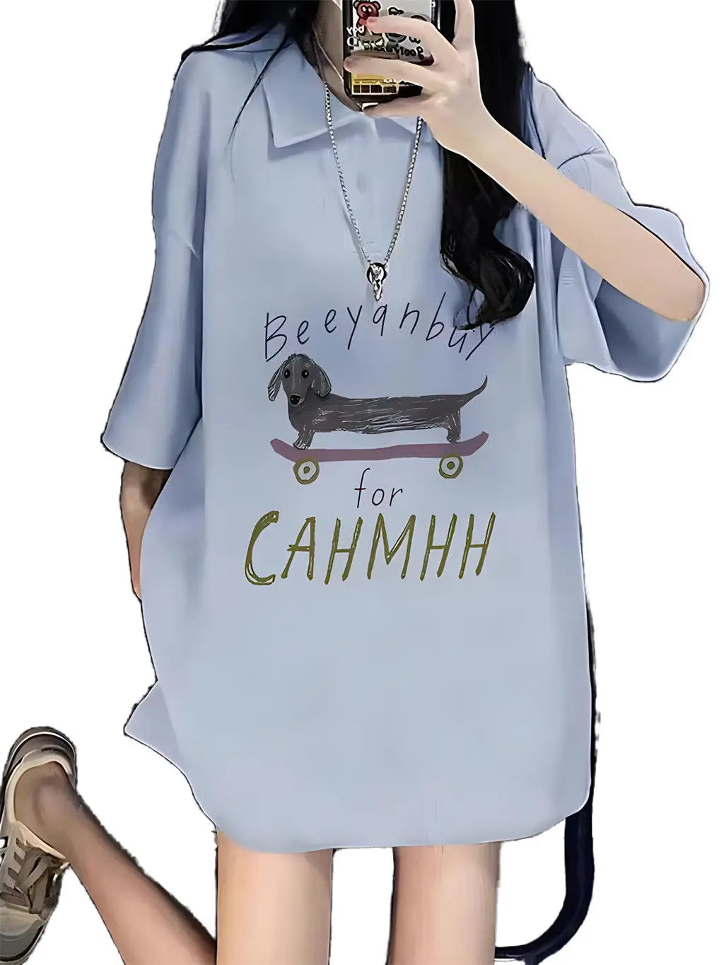Gothic Vintage print – New 2024 Korean Style Casual Loose Blue Polo Collar Short Sl