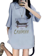 Gothic Vintage print – New 2024 Korean Style Casual Loose Blue Polo Collar Short Sl
