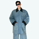 fashion show suits men streetwear washed denim splice loose casual jacket wide leg jeans pants 2 piece sets coat trousers suits denim street jeans