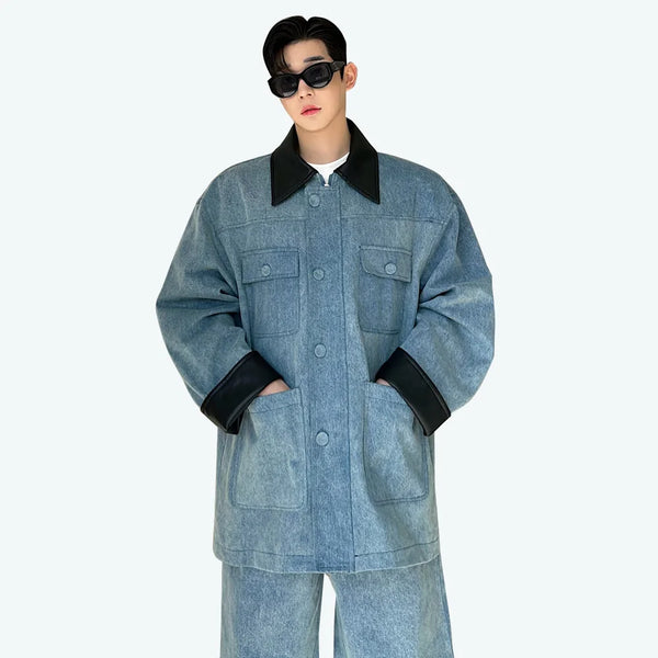 fashion show suits men streetwear washed denim splice loose casual jacket wide leg jeans pants 2 piece sets coat trousers suits denim street jeans