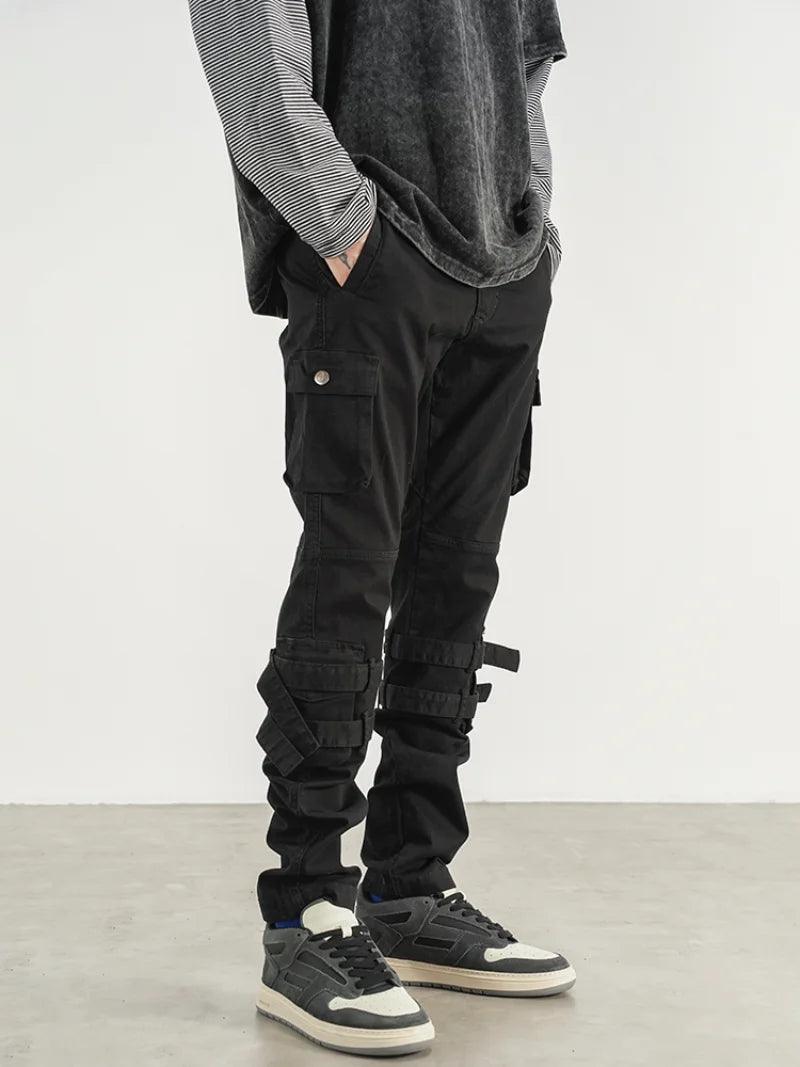 mens high street jeans casual hip hop military cargo pockets trousers new fashion slim fit zipper skinny denim pants joggers sporty tapered joggers