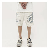 Mens High Street Denim Jean Shorts Casual Loose Destroyed Ripped Holes Loose Shorts Patchwork Hip Hop Streetwear Short Joggers