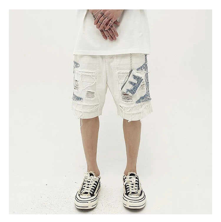 Mens High Street Denim Jean Shorts Casual Loose Destroyed Ripped Holes Loose Shorts Patchwork Hip Hop Streetwear Short Joggers