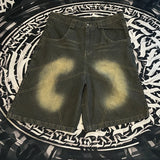 color match pocket washed baggy jeans shorts for men and women wide leg streetwear casual over knee length denim pants unique jeans style 4703