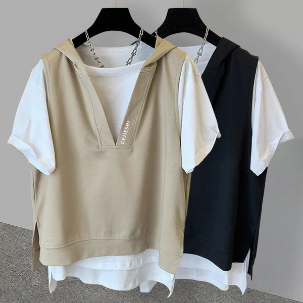 Harajuku Chrome print – Summer Fake Two Piece Hooded T Shirts For Men Letter Embroid