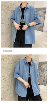 American summer thin denim shirt for men and women loose fit hip-hop short sleeved retro personality casual street top harajuku