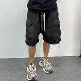 ro style ribbons streetwear multi pockets cargo short for men elastic waist wide leg baggy jeans knee length pants loose overall baggy cargo bottoms