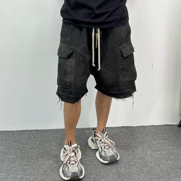 ro style ribbons streetwear multi pockets cargo short for men elastic waist wide leg baggy jeans knee length pants loose overall baggy cargo bottoms